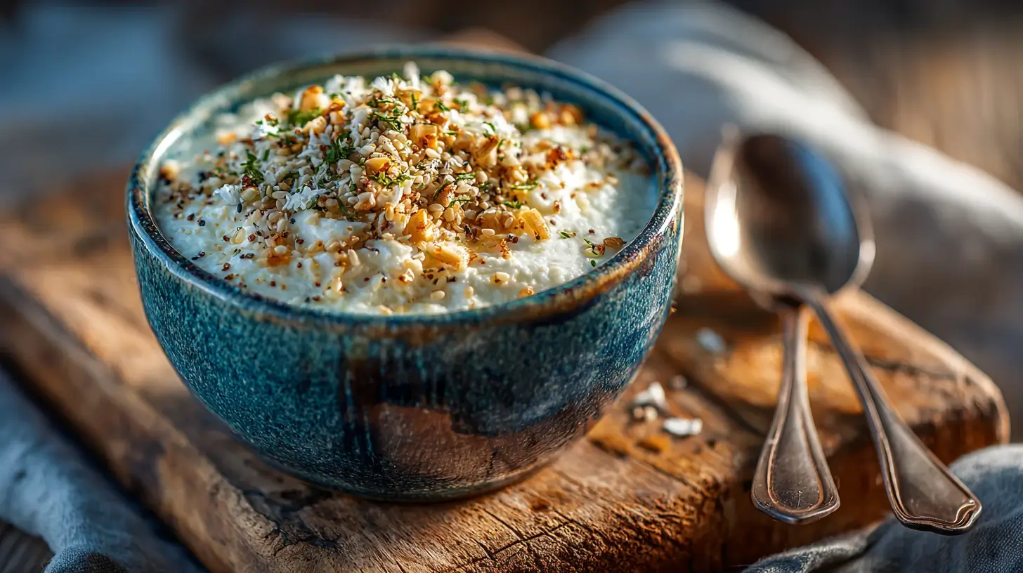 Cottage cheese breakfast bowl topped with hemp seeds in a blue ceramic bowl on a wooden board