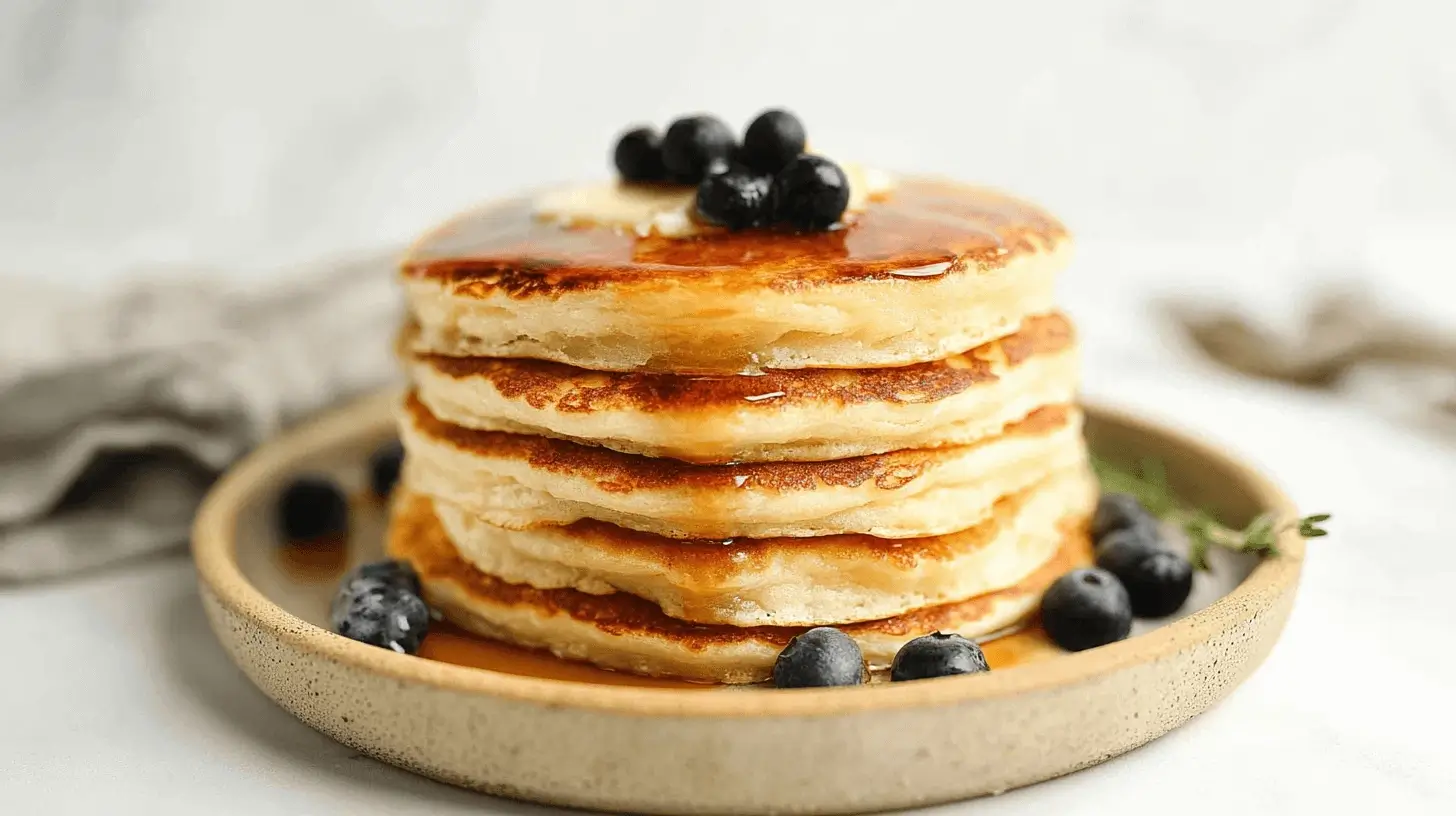 Low carb high protein pancake stack with syrup and blueberries on white plate