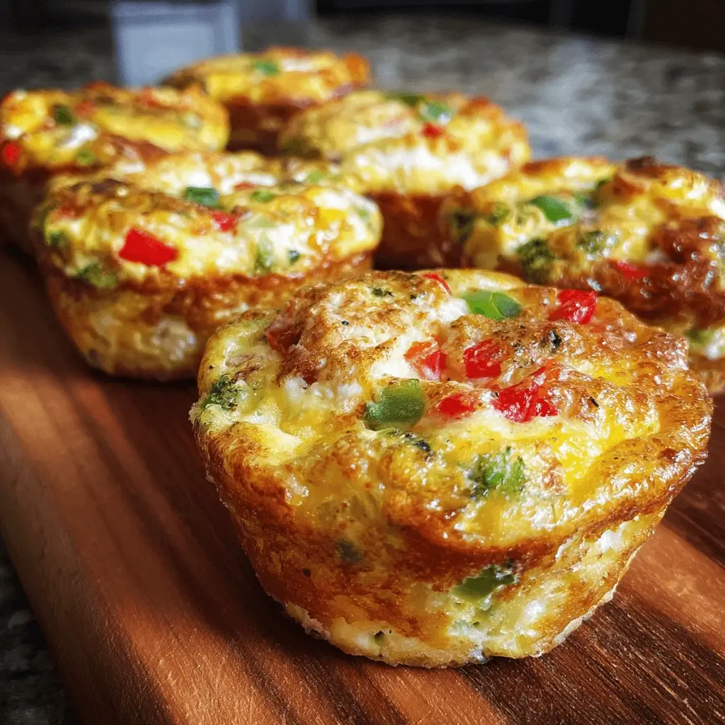 Fluffy crustless quiche cups with vegetables on wooden board