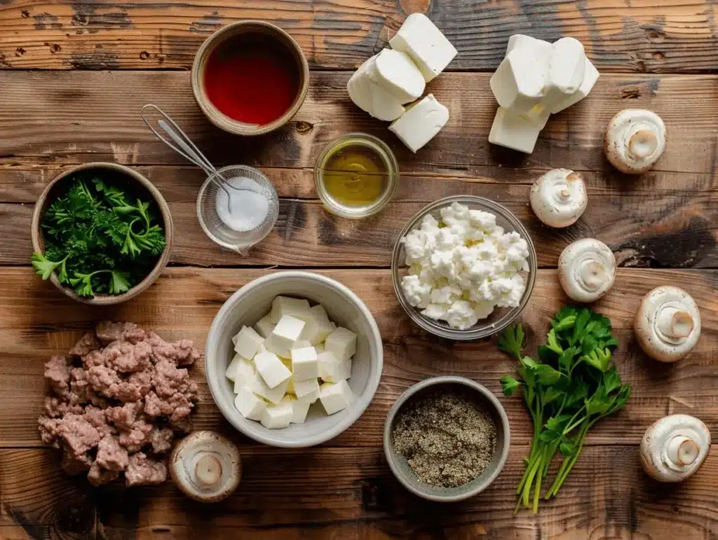 Ingredients for Keto Beef Stroganoff including ground beef, sliced mushrooms, beef broth, cream cheese, sour cream, Worcestershire sauce, Dijon mustard, cauliflower rice, and fresh parsley arranged on a wooden surface.