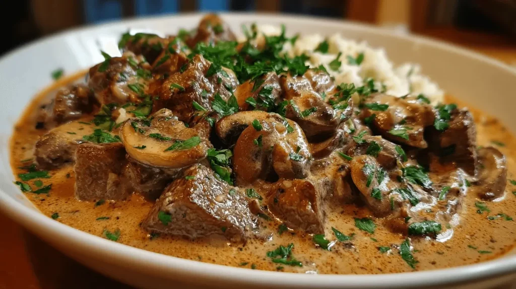 Bowl of creamy Keto Beef Stroganoff with tender beef and mushrooms, garnished with fresh parsley and served with cauliflower rice.