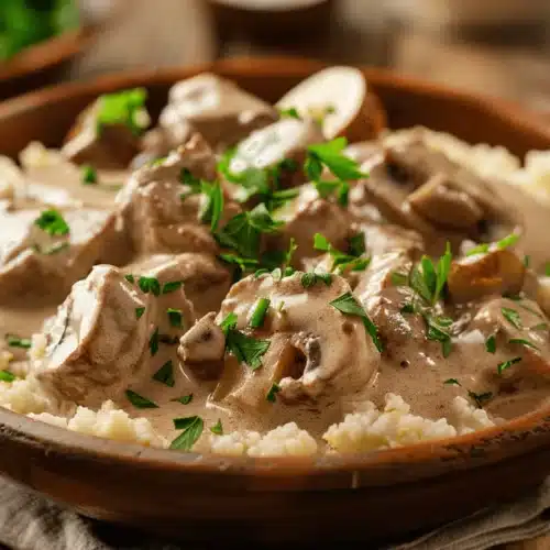 Creamy Keto Beef Stroganoff with mushrooms served over cauliflower rice and garnished with fresh parsley.
