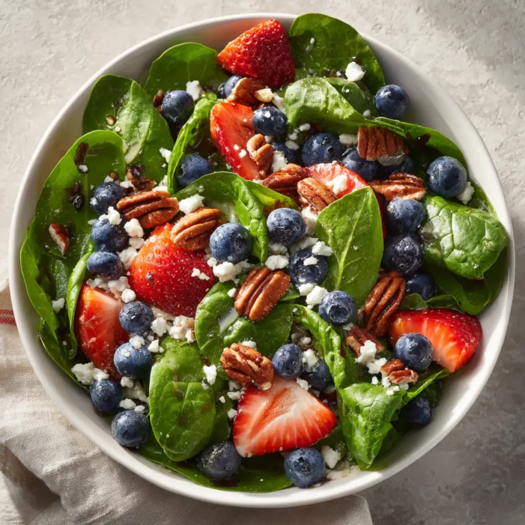 Berry spinach salad with sliced strawberries, blueberries, pecans, and leafy greens
