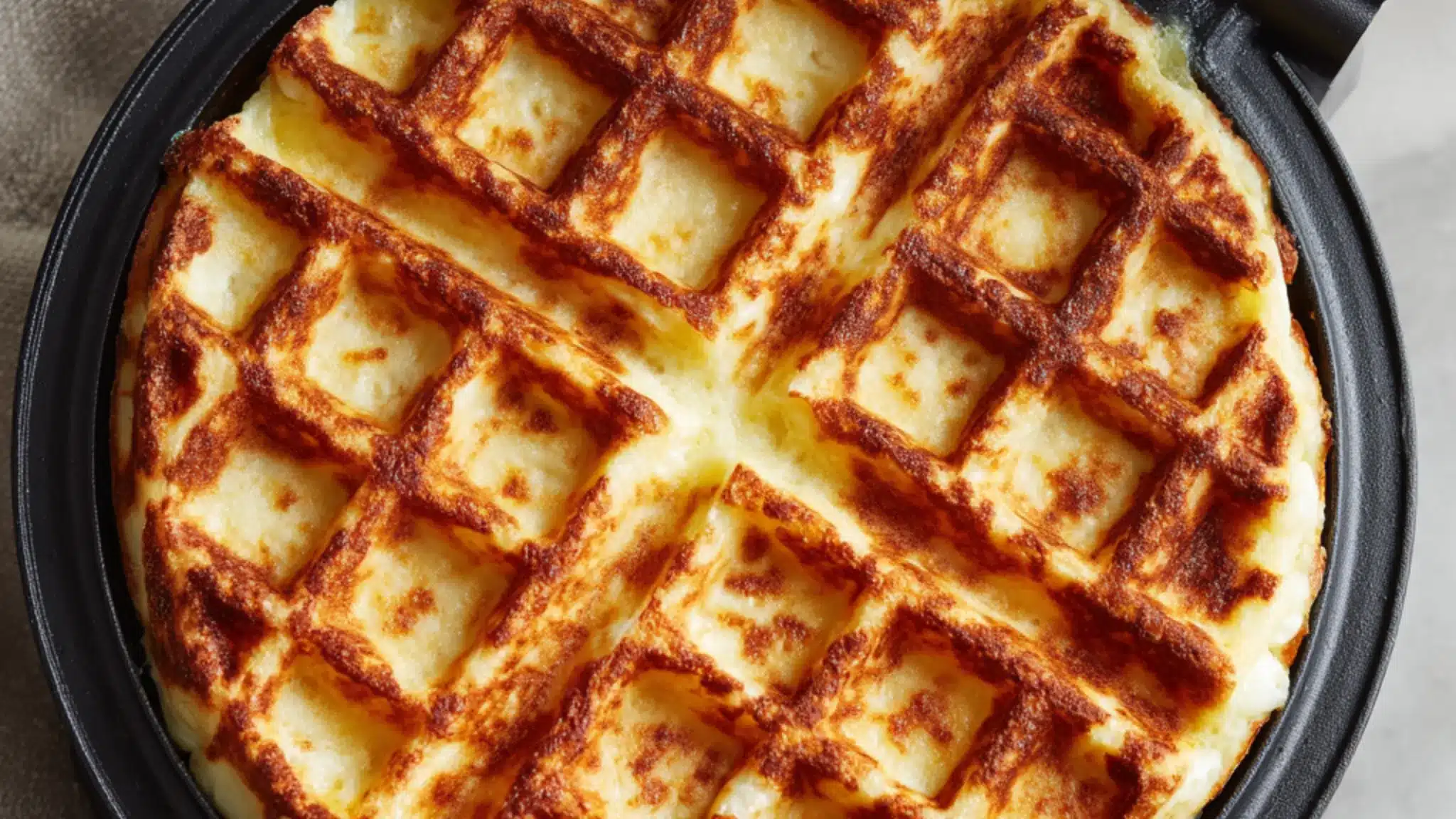 Golden chaffle with crispy waffle texture