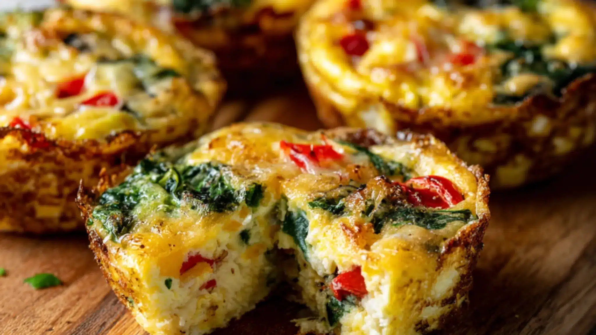 Baked egg muffins with spinach and red peppers on a wooden board