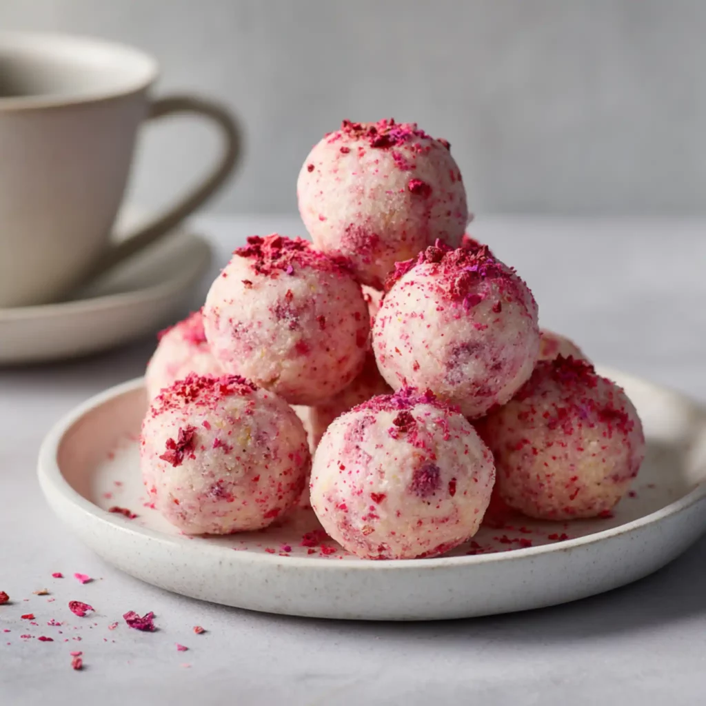 Strawberry cheesecake protein balls stacked on a plate with freeze-dried strawberry pieces