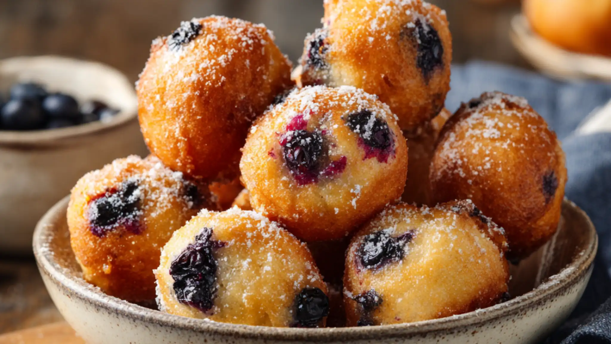 Blueberry cottage cheese donut holes dusted with sugar in a ceramic bowl