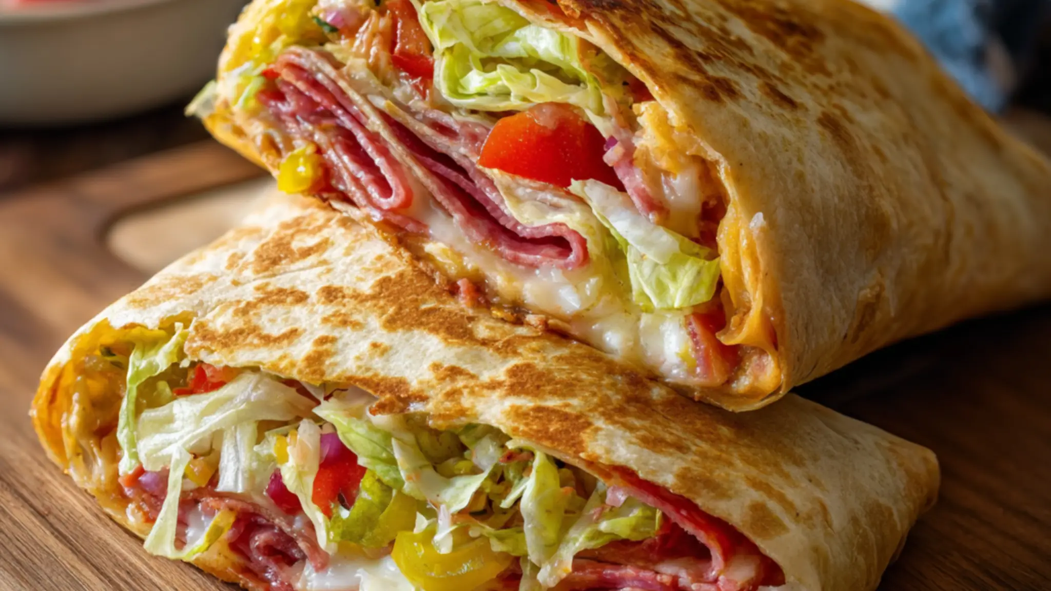 Italian deli wrap with melted cheese, lettuce, peppers, and beef slices