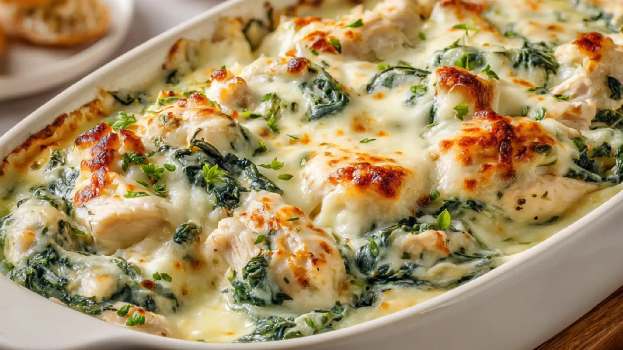 Keto chicken spinach casserole baked with melted cheese in white dish