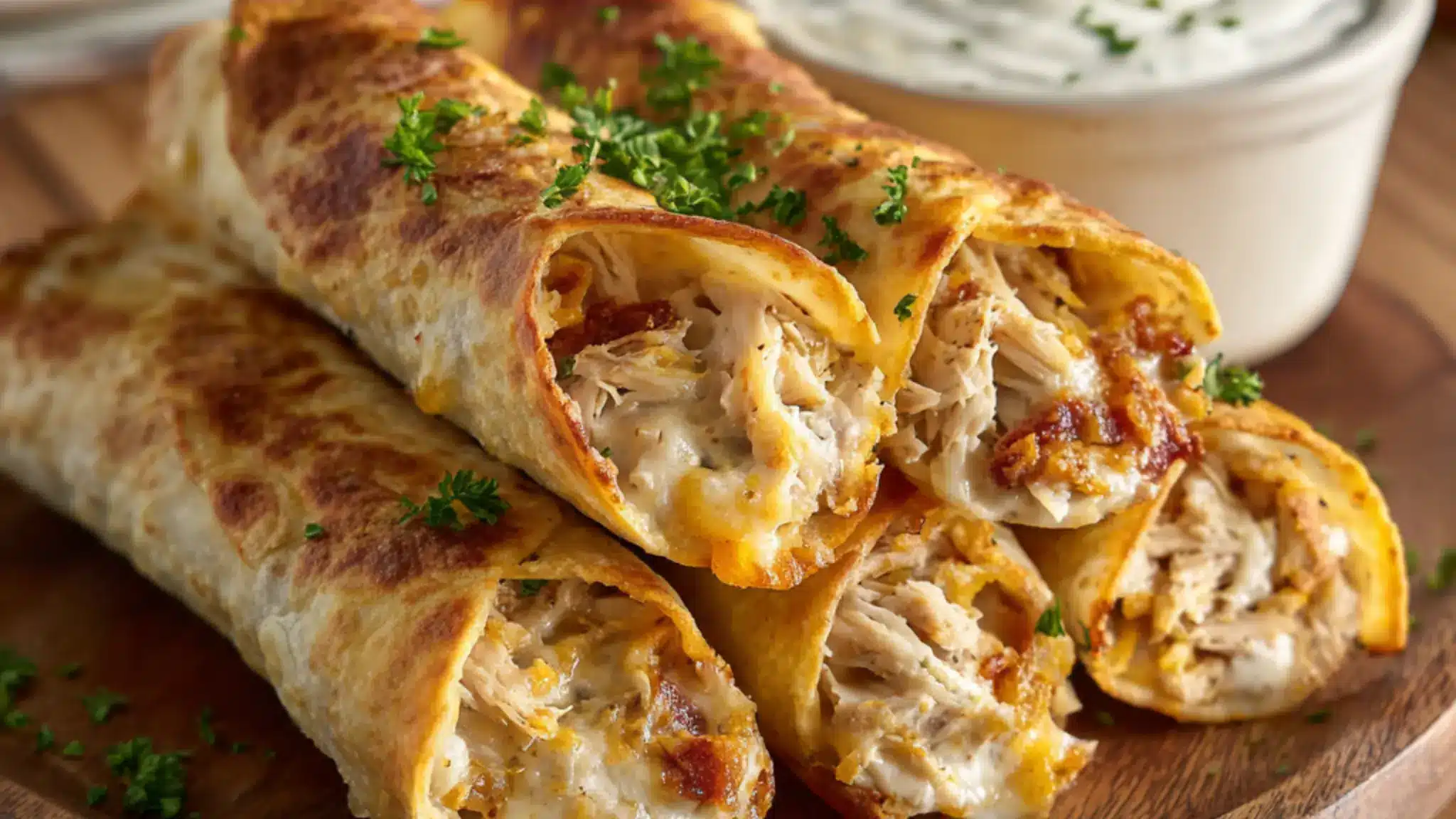 Keto chicken turkey bacon ranch taquitos with melted cheese and creamy filling