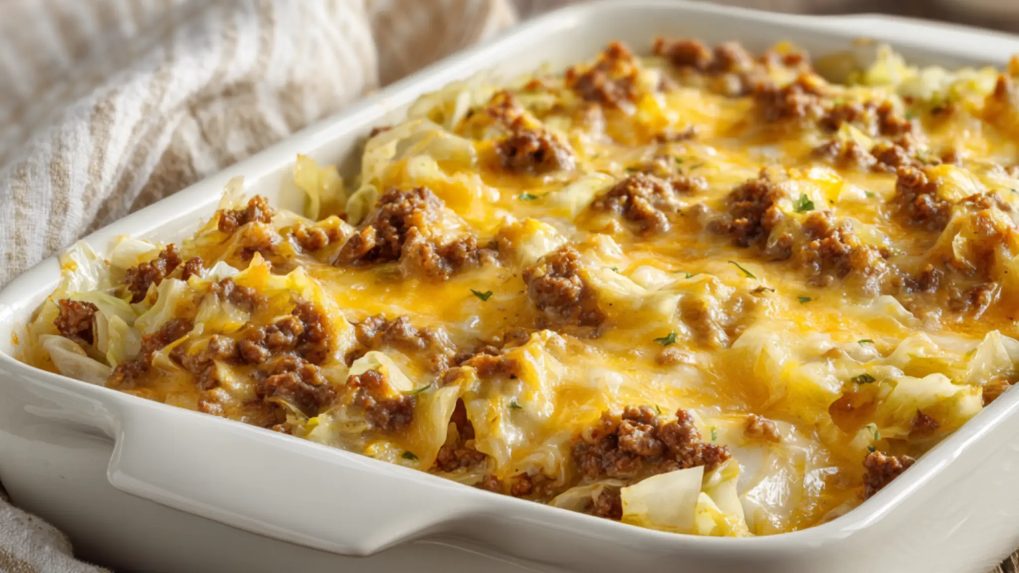 Low carb ground beef and creamed cabbage casserole baked with melted cheddar cheese