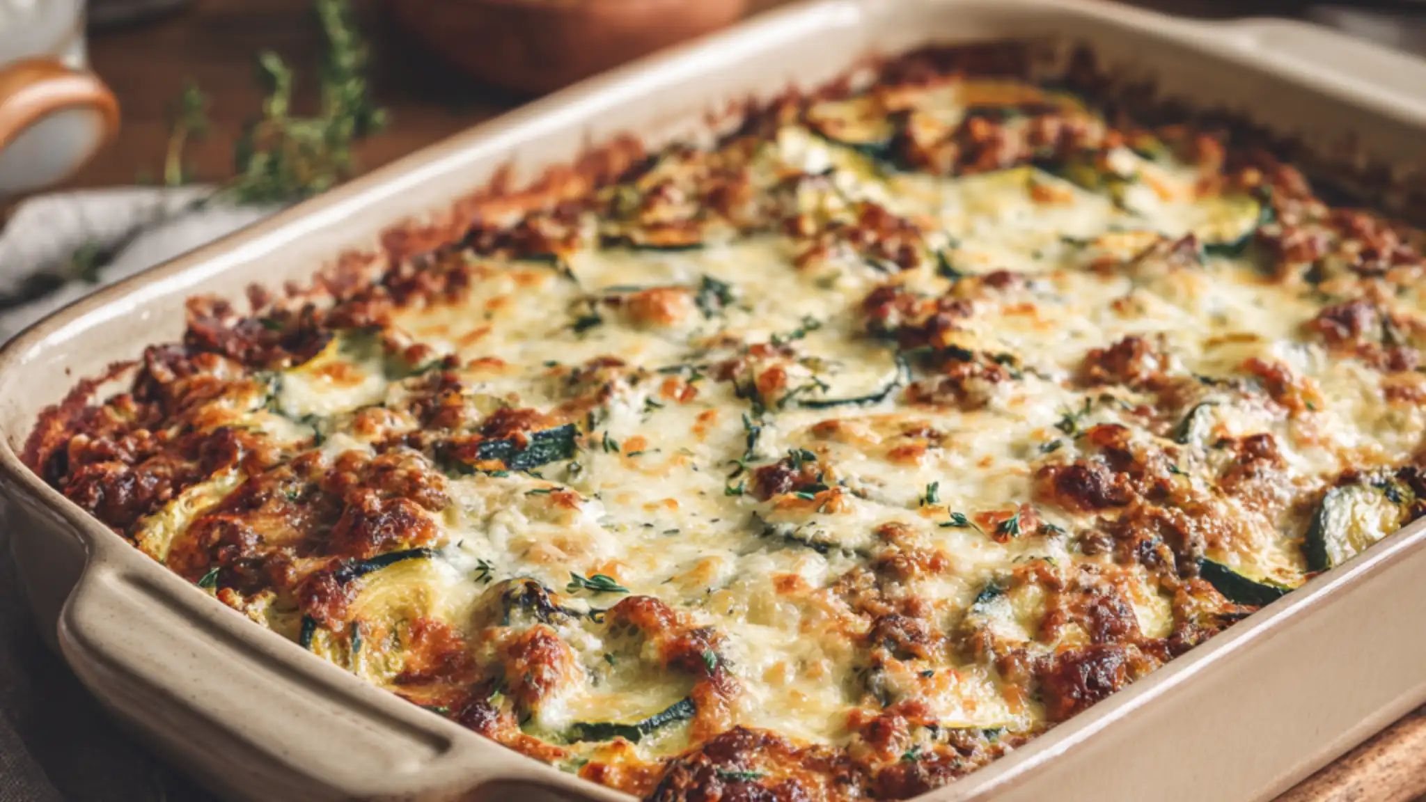 low carb ground turkey zucchini casserole baked with melted cheese