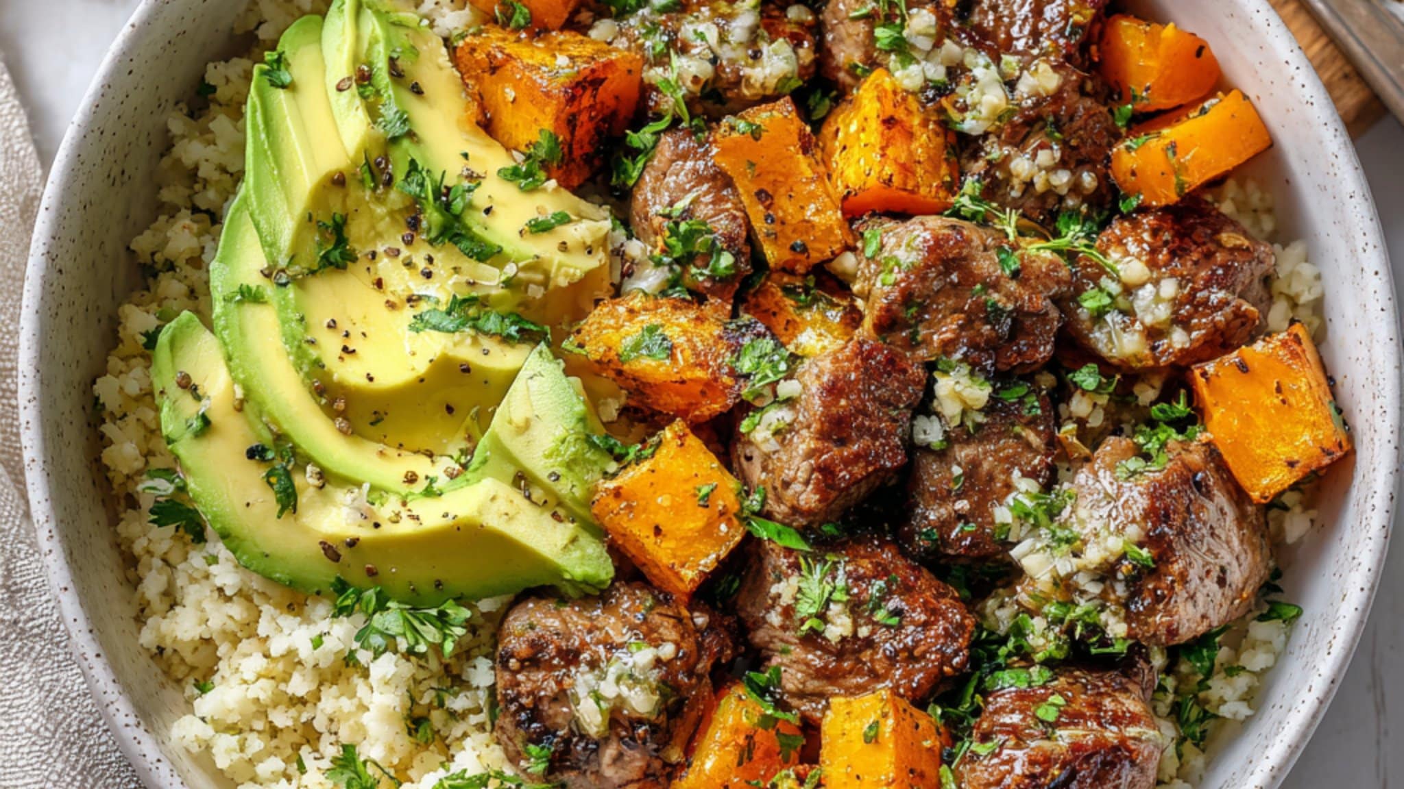 Garlic Herb Steak Bowl with Roasted Squash and Avocado