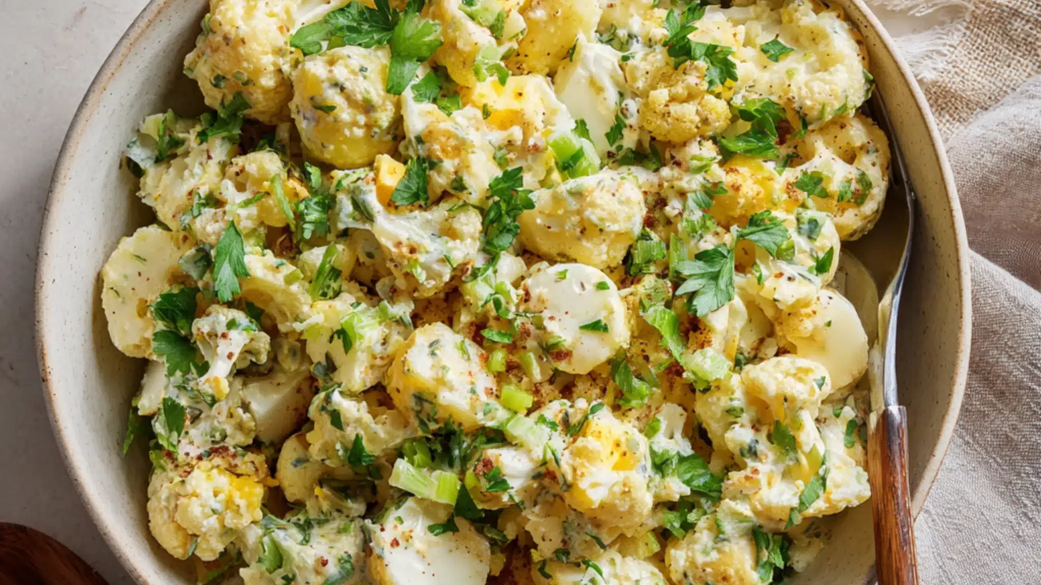 creamy cauliflower potato salad with eggs, herbs and dressing