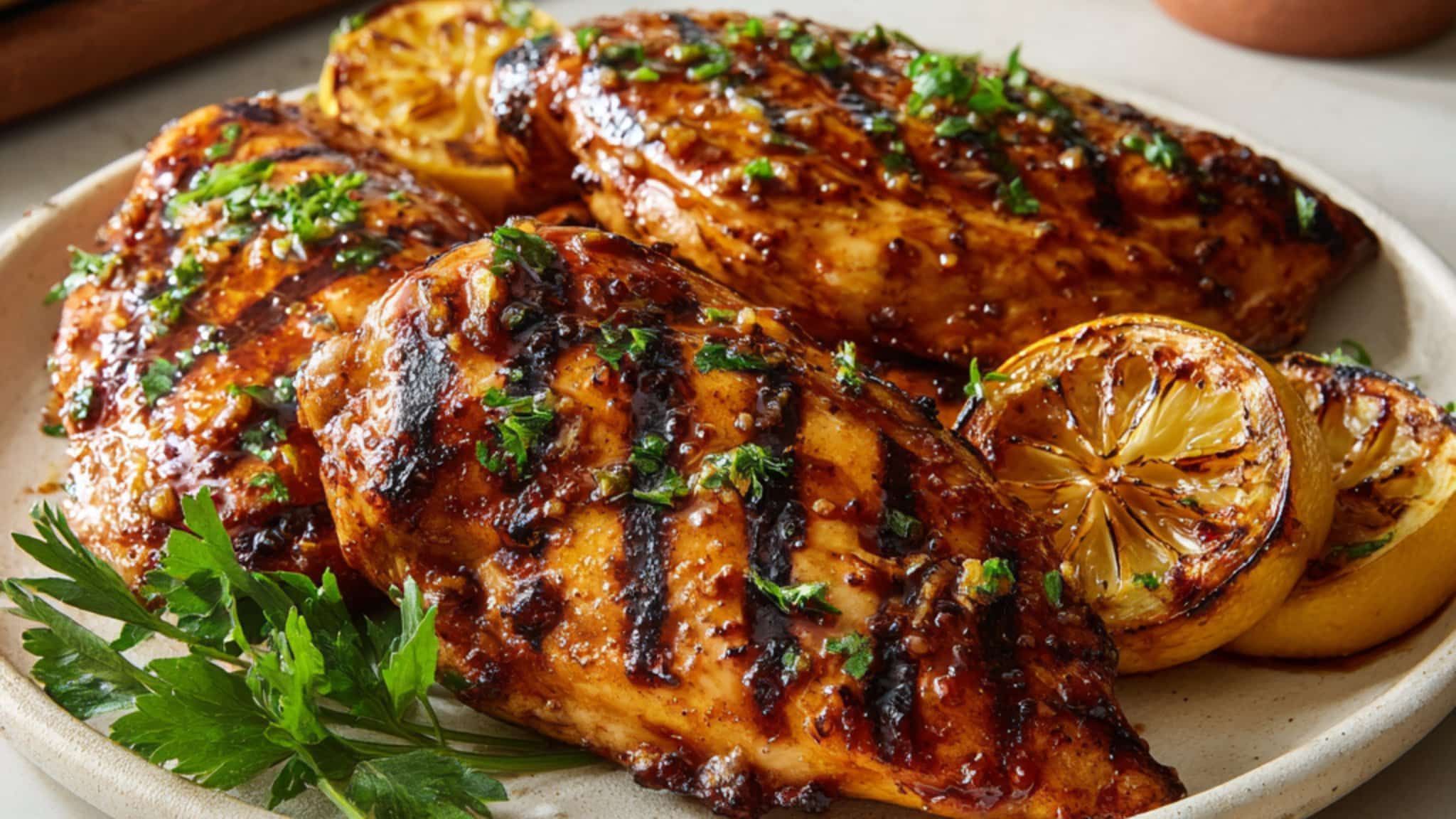 grilled lemon garlic chicken breasts with herbs and glaze