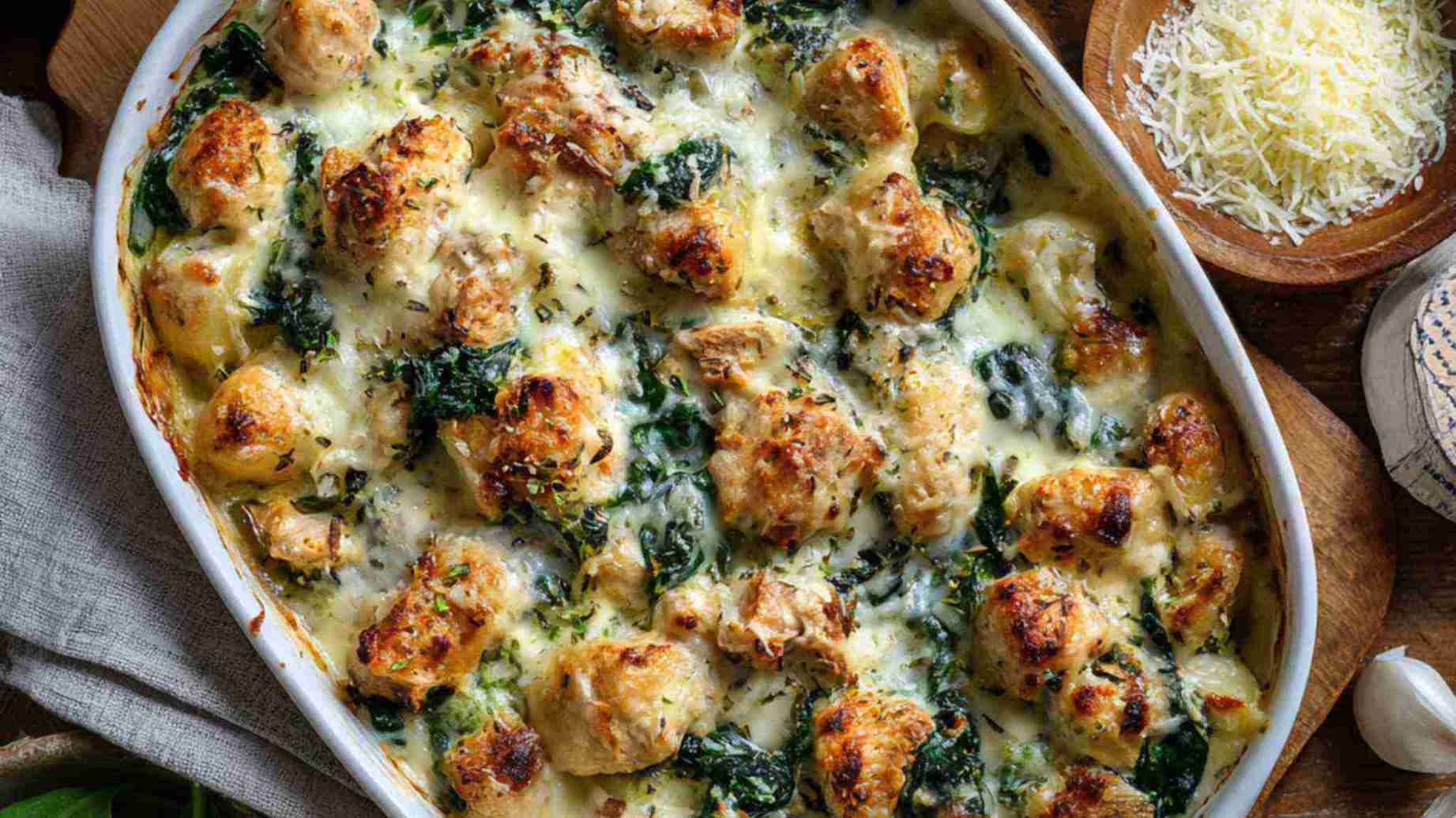 Creamy chicken spinach casserole baked with melted cheese and garlic