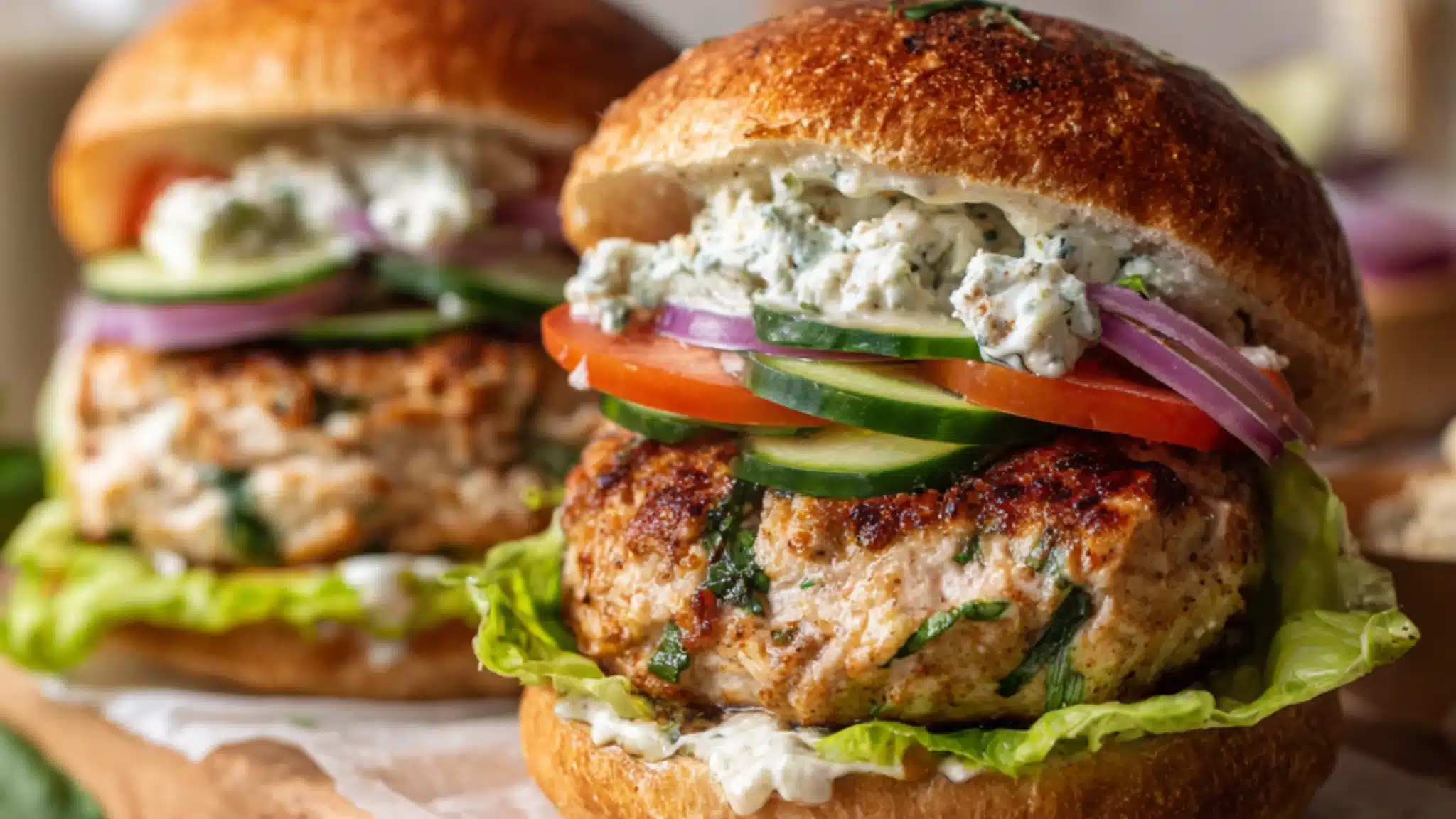 low carb chicken burger with feta spinach cucumber tomato