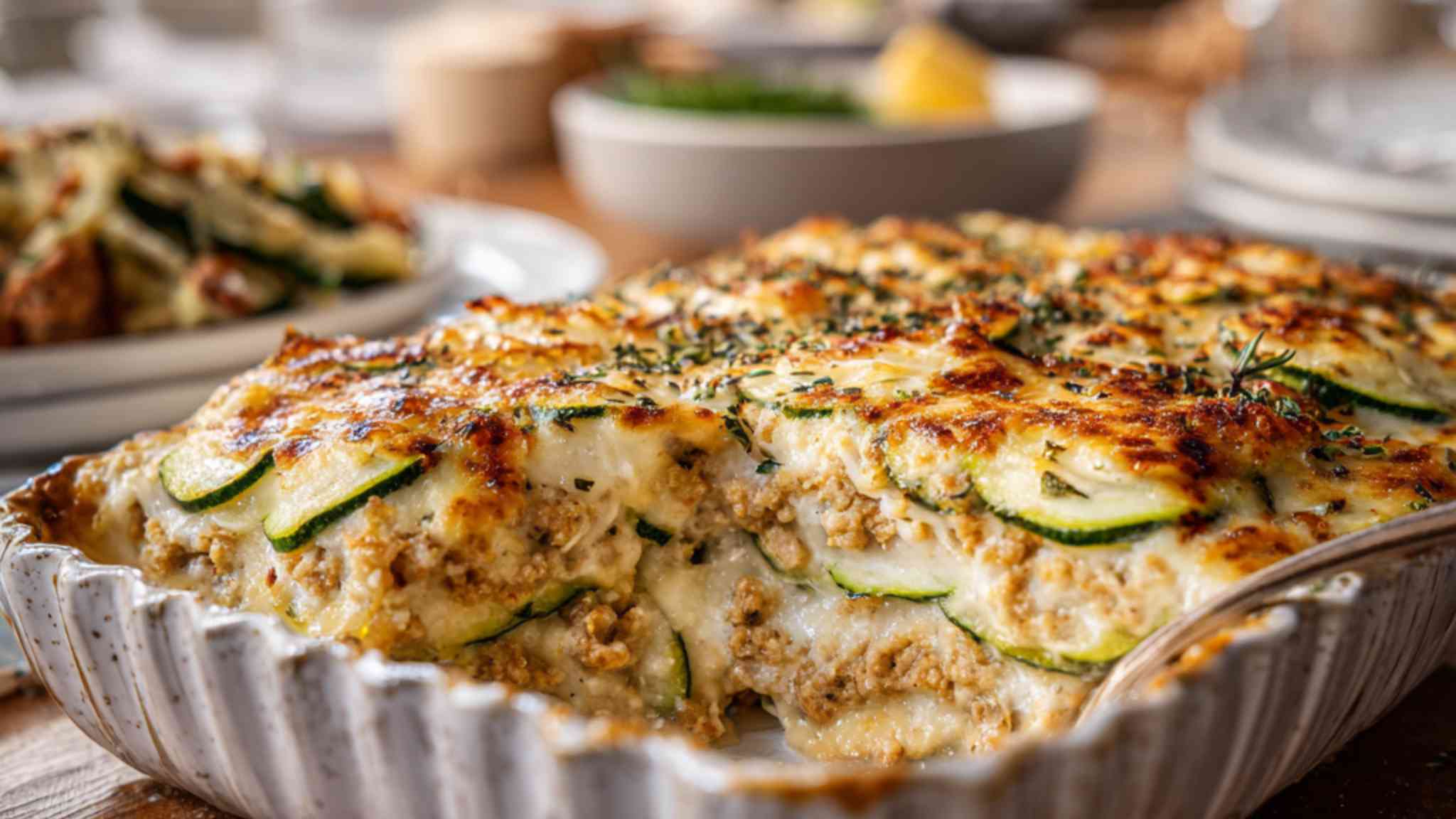 Garlic parmesan turkey zucchini casserole baked with melted cheese