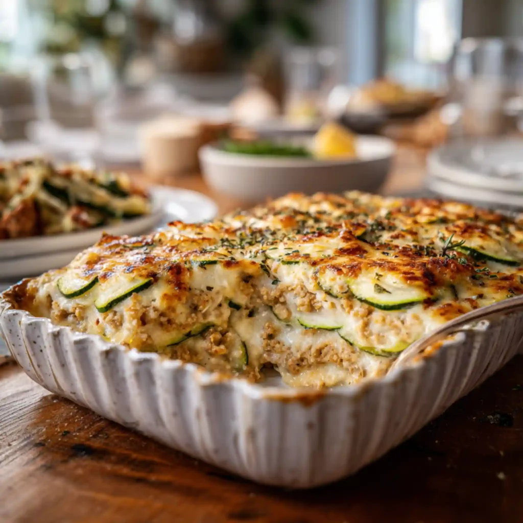 Cheesy turkey zucchini bake with creamy layers and golden top