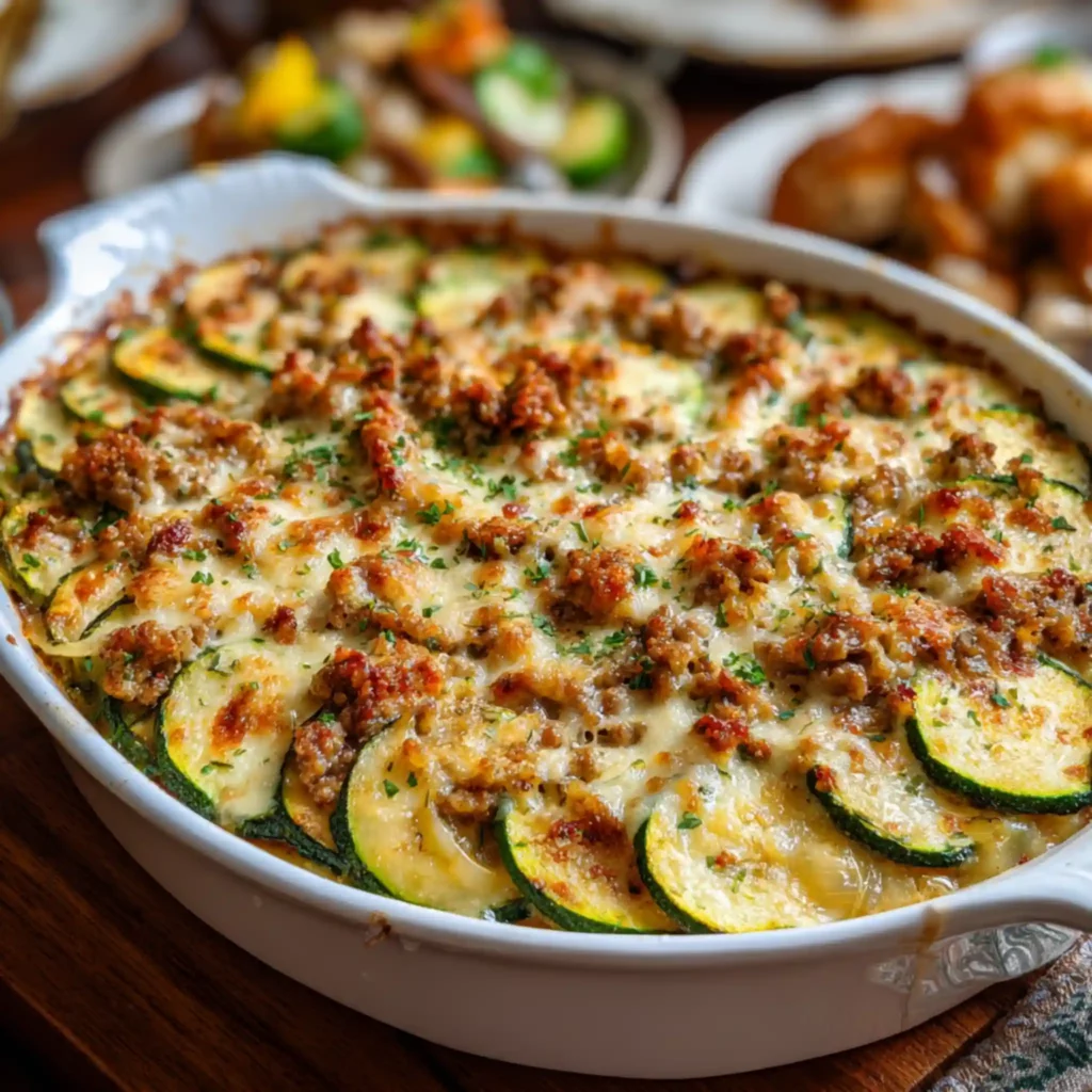 Turkey zucchini casserole with melted cheese and herbs