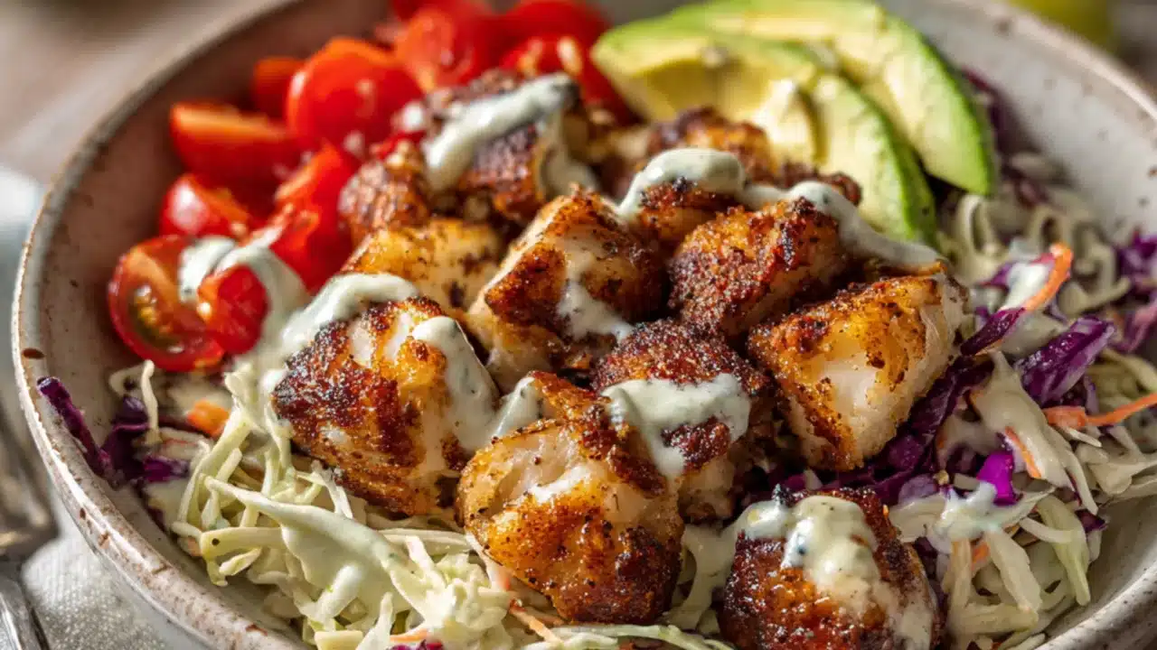 Low carb fish taco bowl with crispy seasoned fish, cabbage slaw, avocado, and creamy sauce