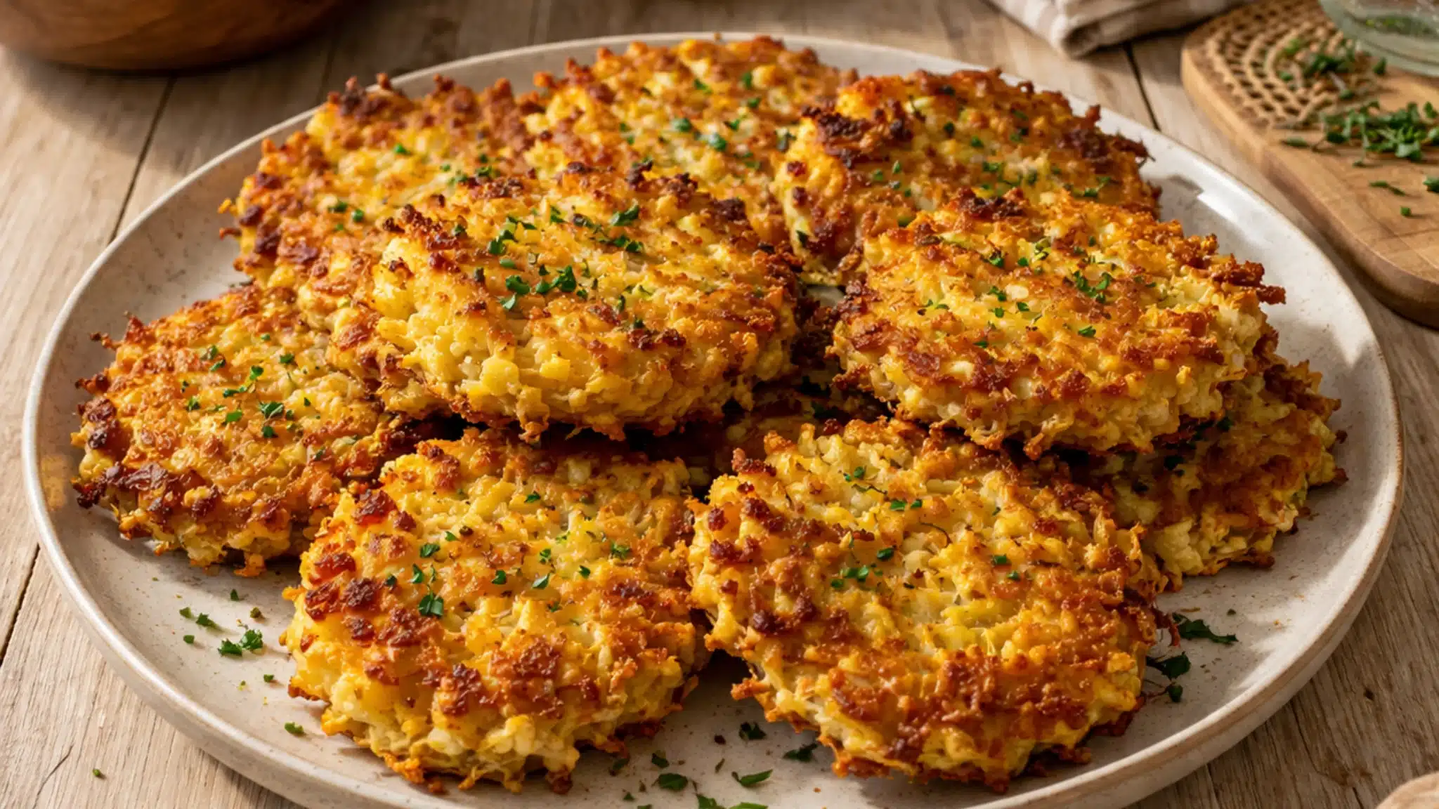 crispy cauliflower hash browns golden and seasoned served on a plate