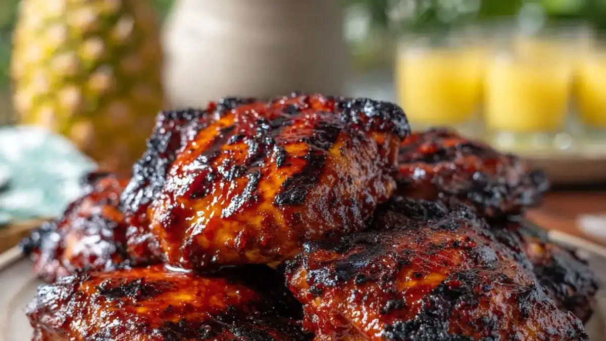 Glazed grilled chicken thighs with caramelised BBQ crust on a ceramic plate, pineapple in the background