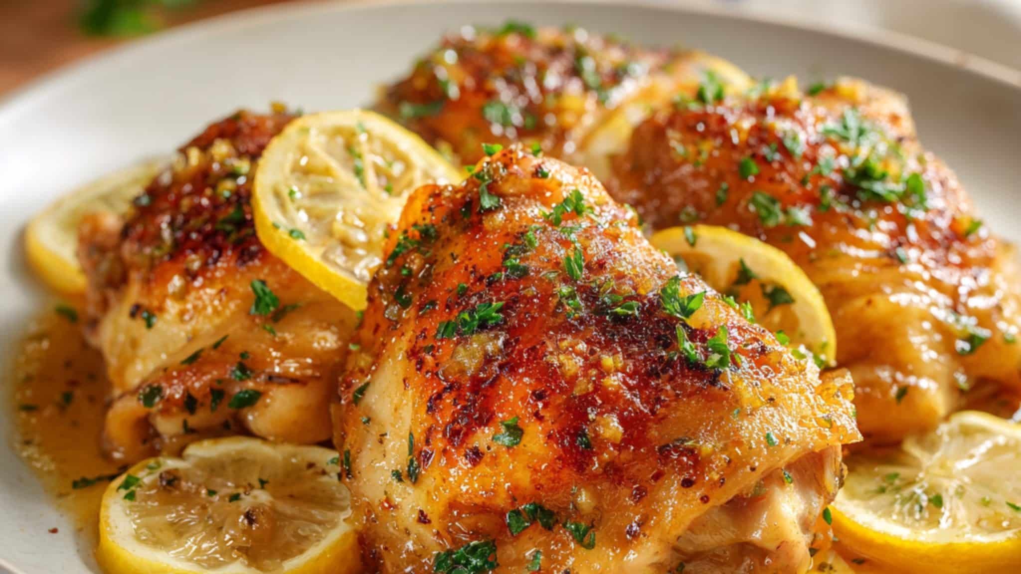 lemon garlic chicken thighs with crispy skin and fresh parsley