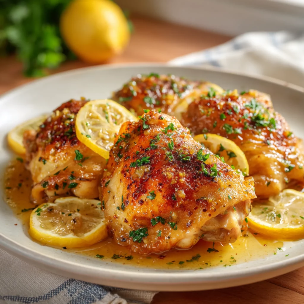 roasted chicken thighs with lemon slices and garlic sauce