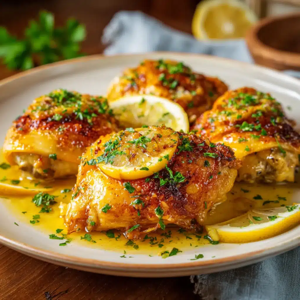 crispy lemon garlic chicken thighs with herbs and rich sauce