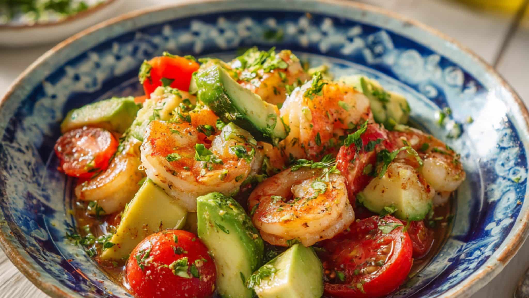 mediterranean shrimp salad with avocado cherry tomatoes and fresh herbs