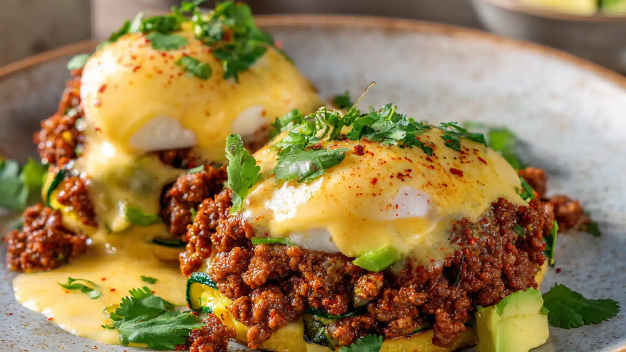 mexican eggs benedict with beef, avocado and creamy sauce