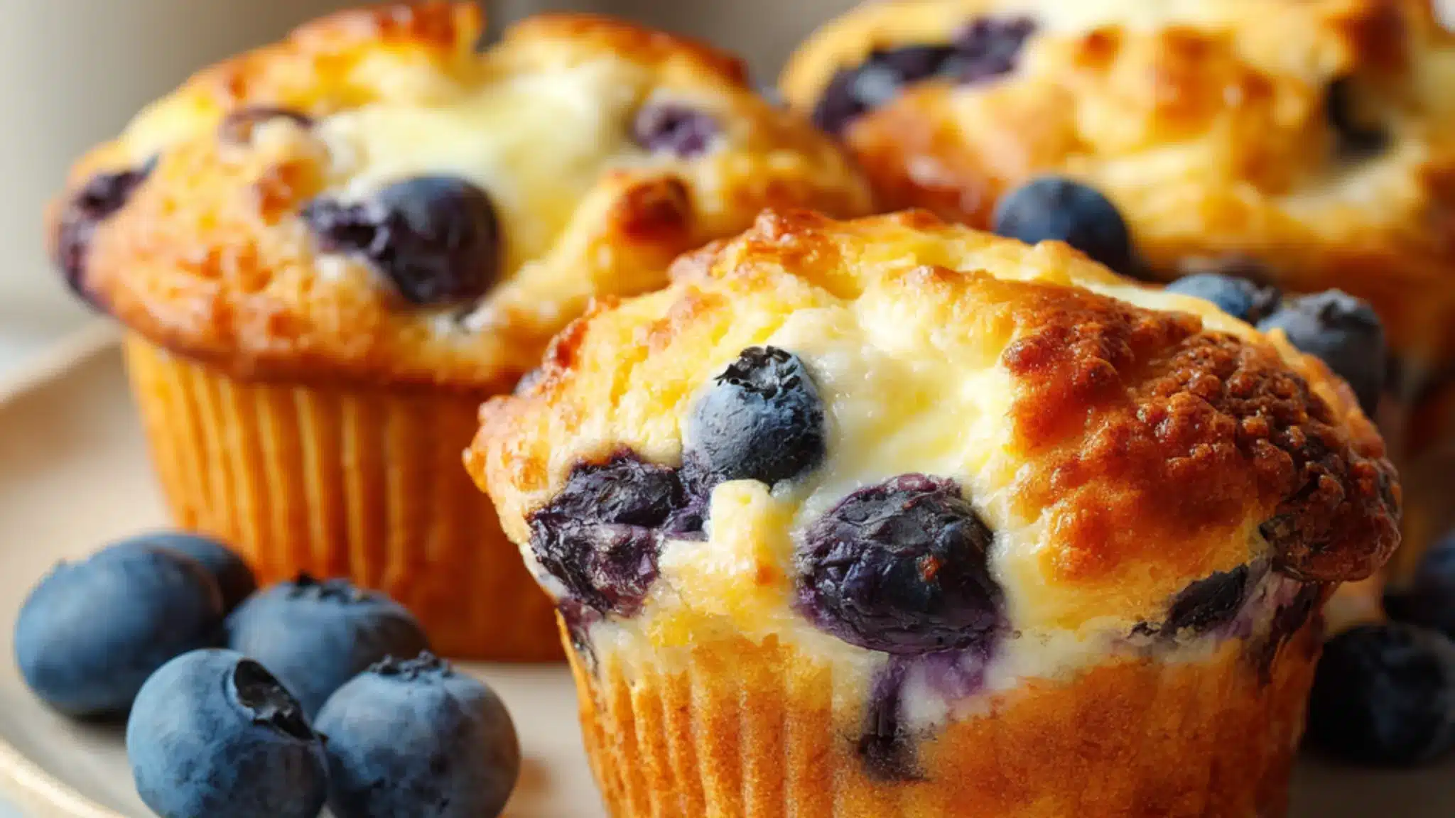 blueberry cream cheese muffins with soft texture and fresh berries