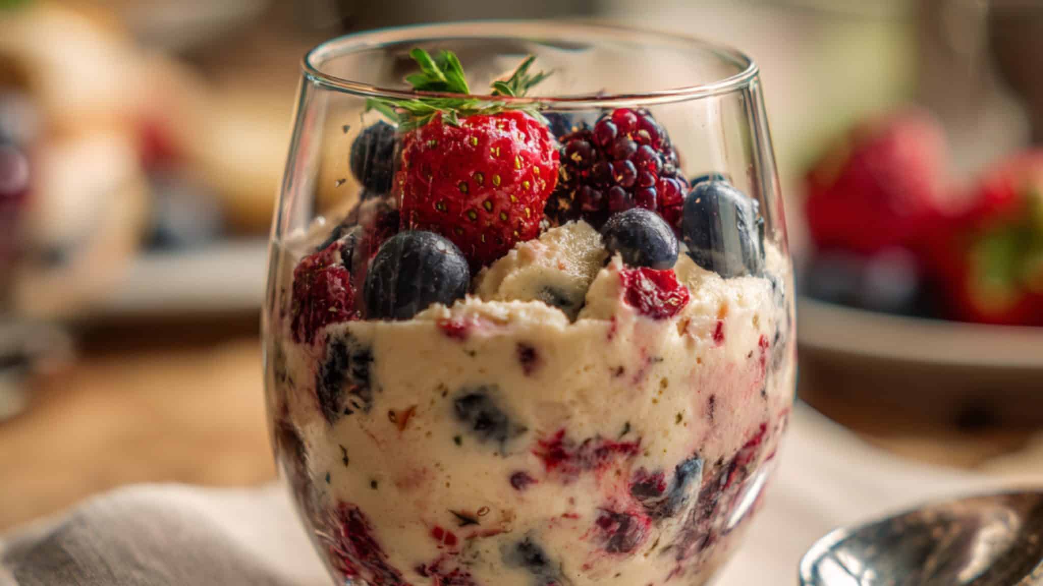 creamy berry cheesecake dessert with strawberries blueberries and raspberries in glass