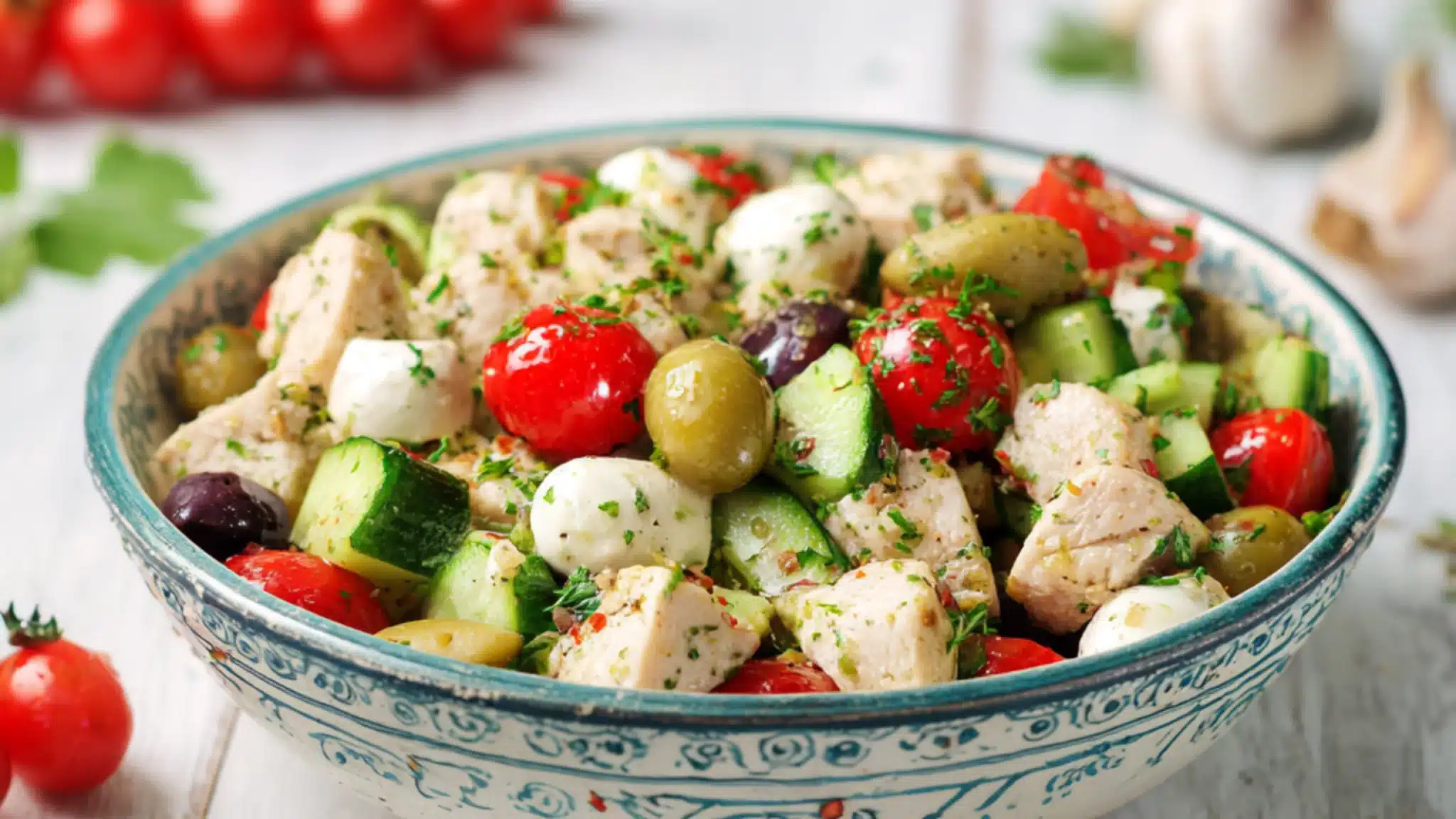 low carb chicken salad with tomatoes cucumber olives and herbs