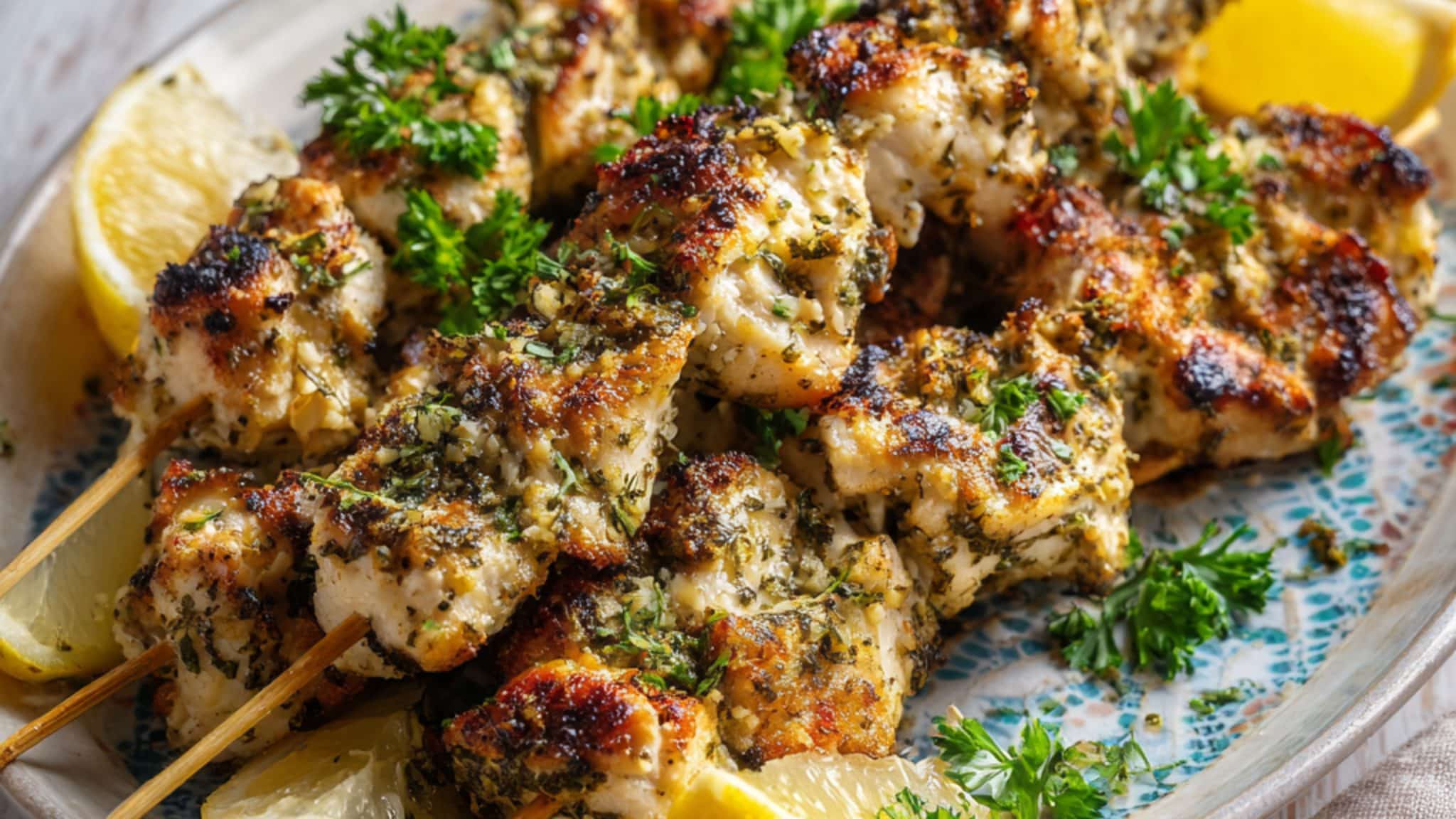 garlic parmesan chicken skewers with lemon wedges and fresh parsley
