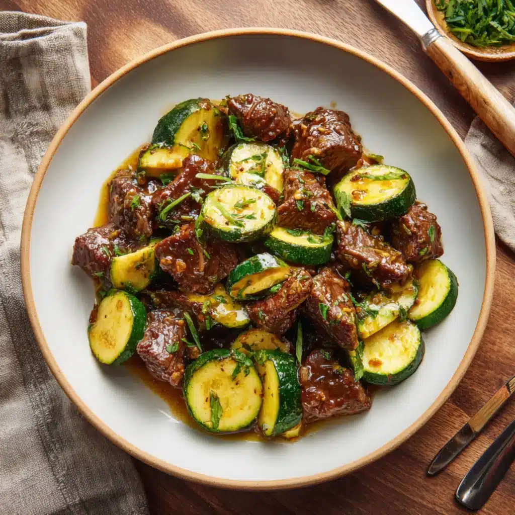 steak and zucchini in garlic butter sauce plated dish