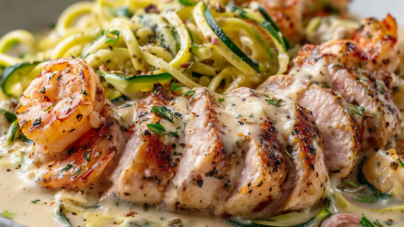 Low carb Cajun chicken and shrimp Alfredo with zucchini noodles