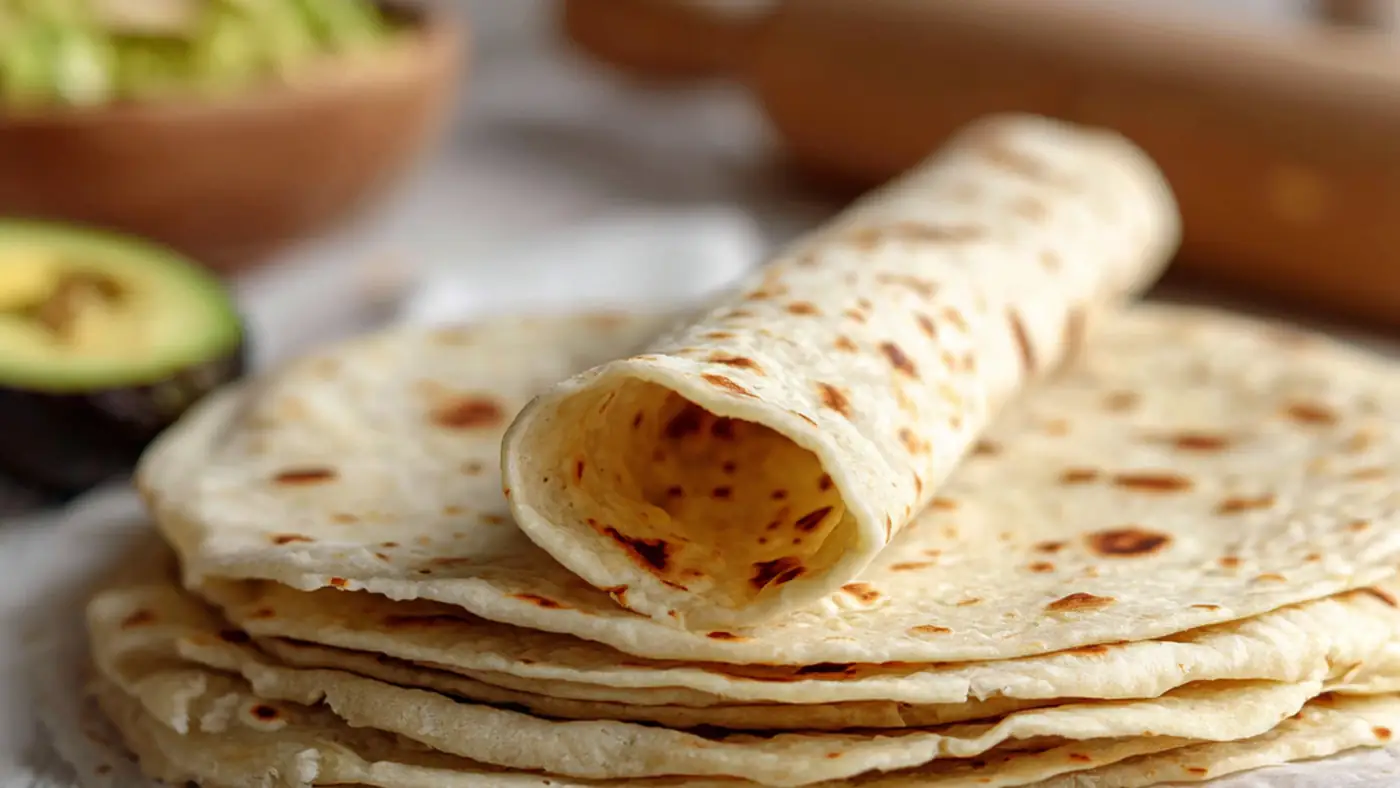 Soft keto tortilla wraps stacked with golden toasted texture