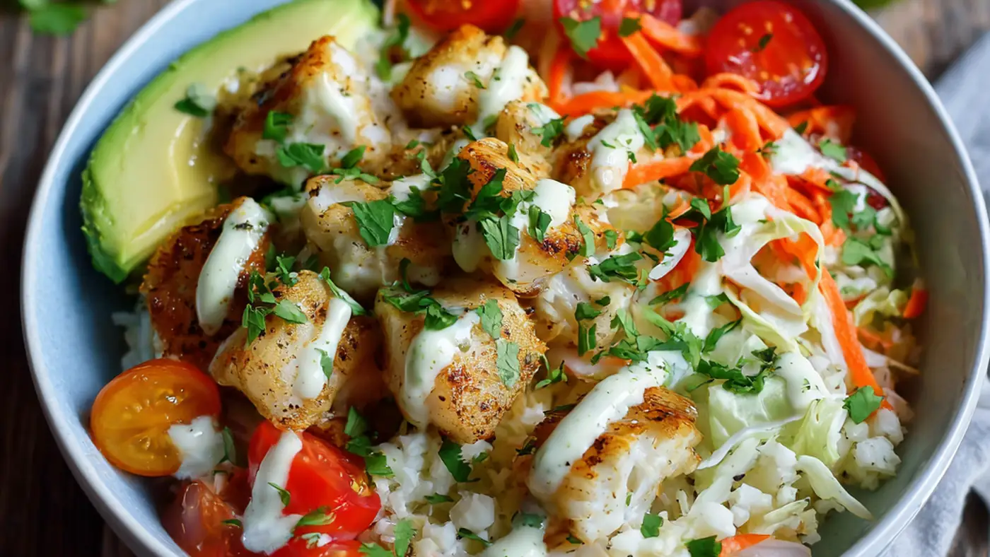 Low carb fish taco bowl with seasoned white fish and creamy cilantro sauce