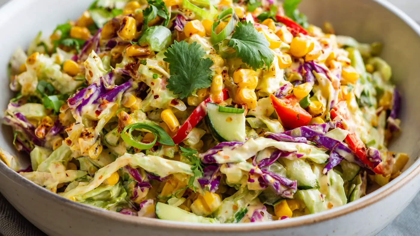 Low carb spicy corn slaw with creamy dressing and fresh vegetables