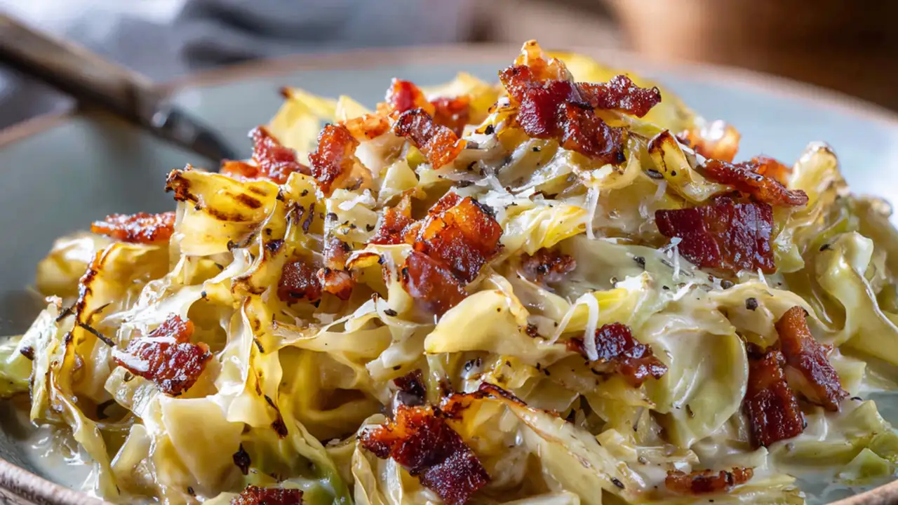 Keto roasted cabbage carbonara with beef bacon and creamy sauce