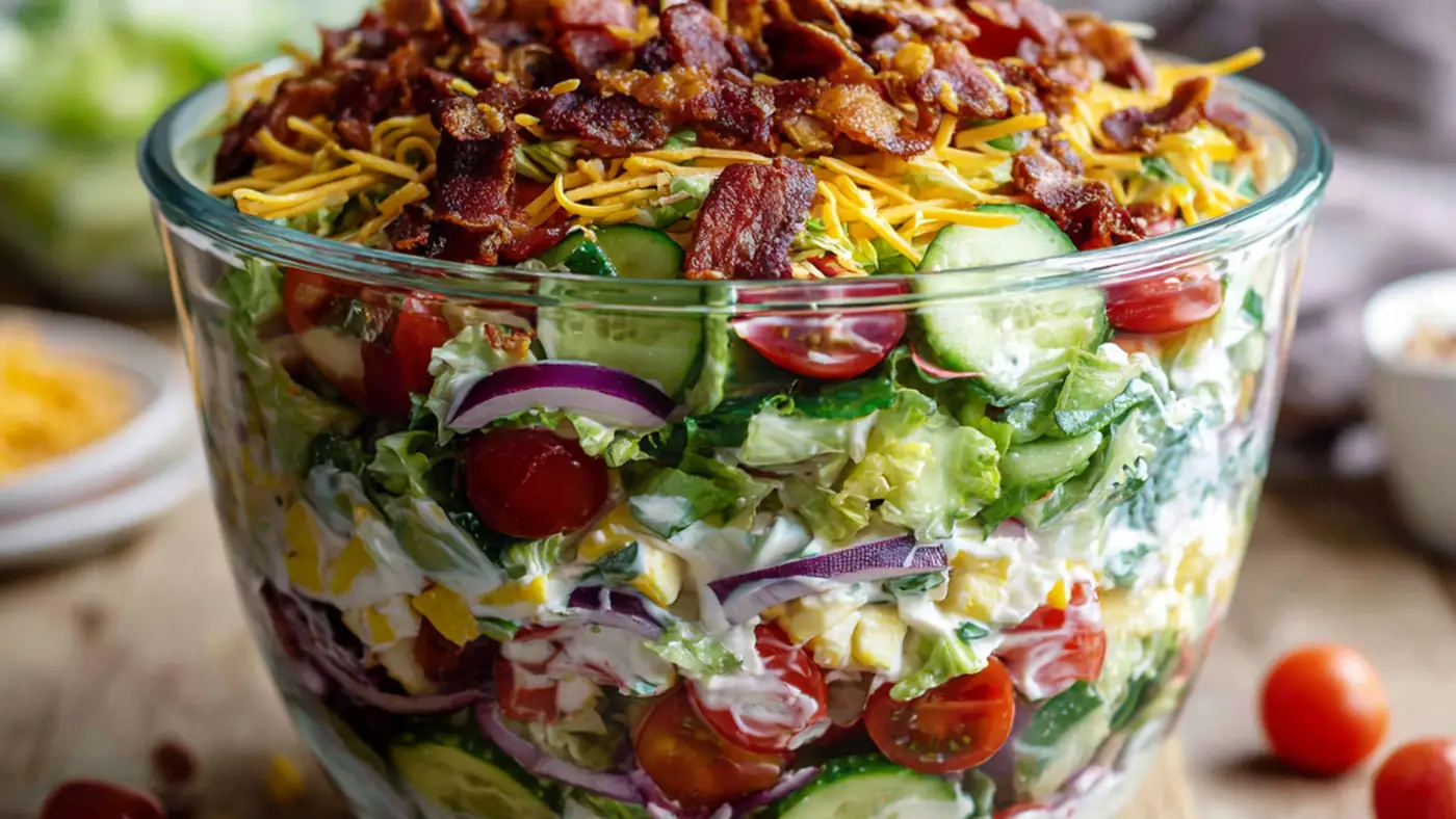 Low carb seven layer salad with beef bacon, cheese, cucumber, and tomatoes