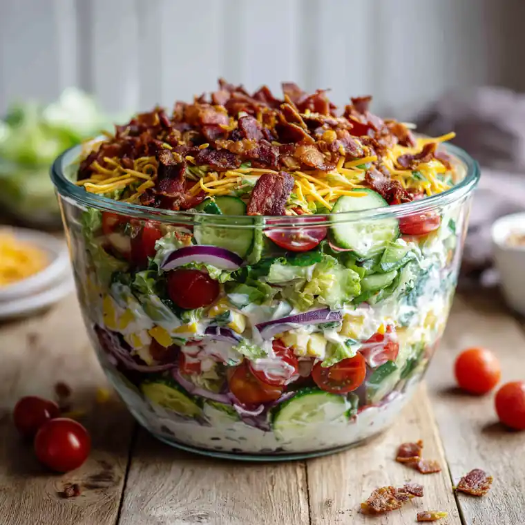 Seven layer salad with beef bacon, cheddar cheese, and fresh vegetables