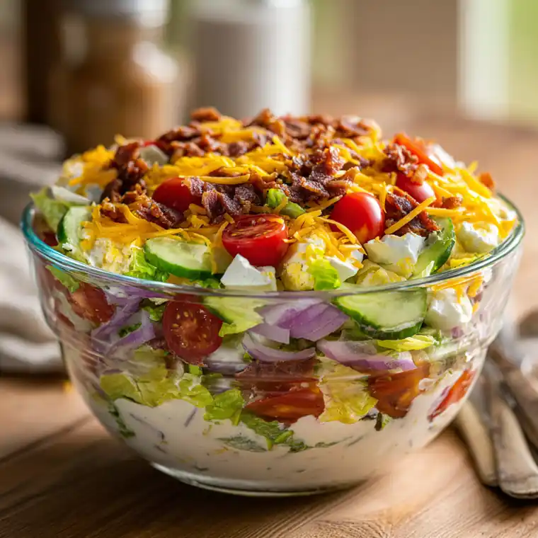 Creamy layered salad with beef bacon, tomatoes, cucumber, and cheese