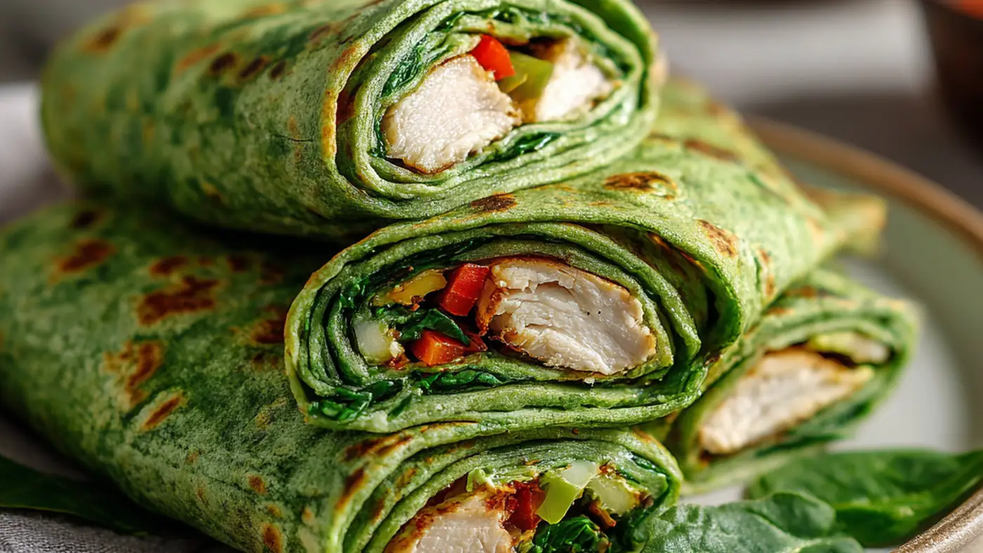 Low carb spinach wraps filled with chicken and fresh vegetables