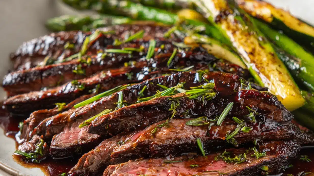 Balsamic flank steak sliced with grilled zucchini on a plate