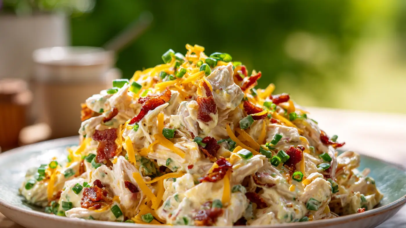 Summer keto chicken salad with beef bacon cheddar and green onions