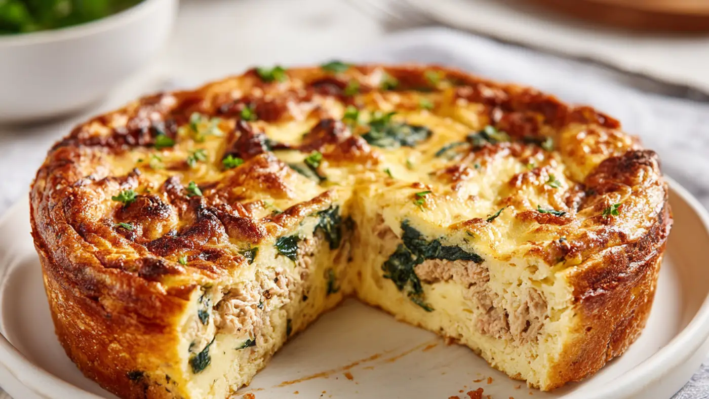Golden crustless tuna quiche with spinach and fluffy egg filling
