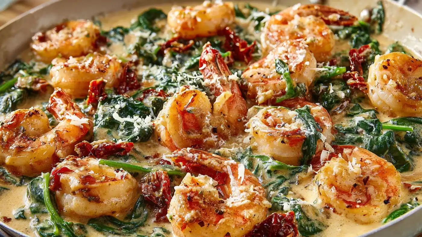 Creamy Tuscan shrimp with spinach and sun dried tomatoes in garlic sauce
